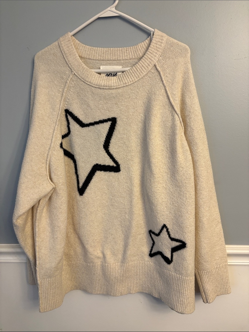 aerie Cream Black Star Crewneck oversized Sweater large